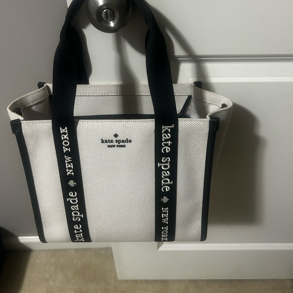 Kate Spade canvas tote. I used this twice, and then went to a cross body.